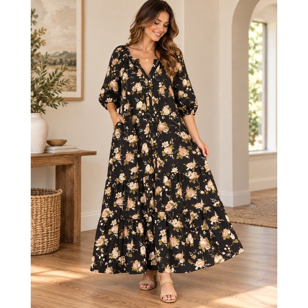 Tuckernuck Black Floral Tiered Maxi Dress XL Puff Sleeve Pockets Boho Romantic